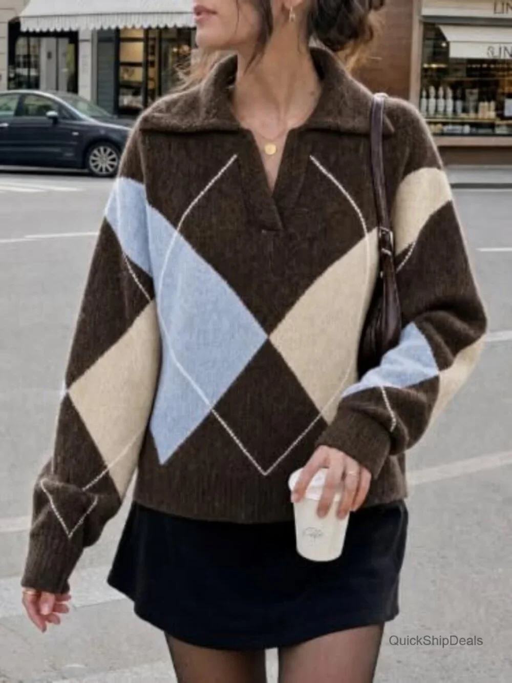 Collared V Neck Argyle Knit Pullover Sweater Long Sleeve Acrylic Blend